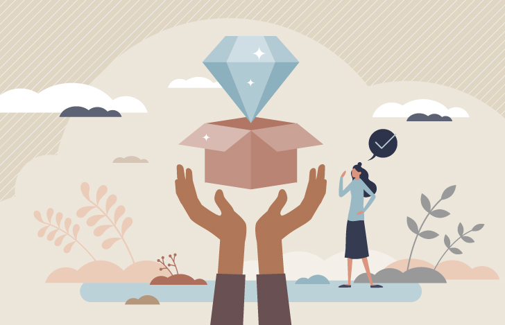 箱から飛び出す宝石とそれらを包み込むような手と眺める女性