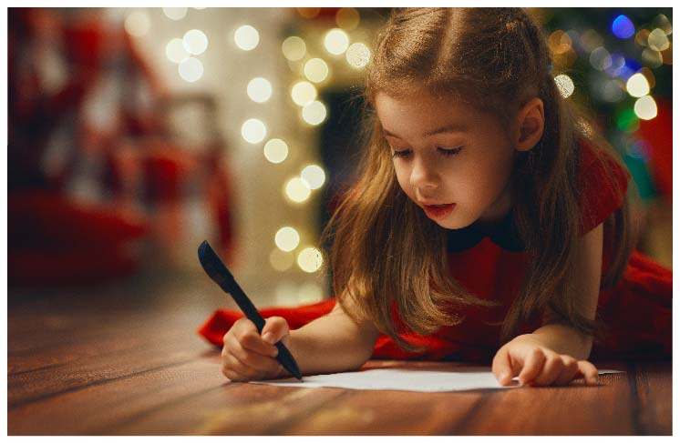 床に腹ばいになって手紙を書く少女