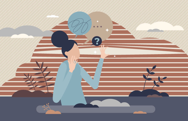 隙間から何かを除き思考を混乱させる女性のイラスト