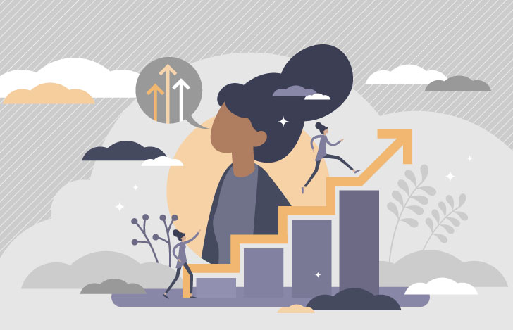 右肩上がりの棒グラフを駆け上がる女性のイラスト