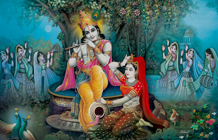 笛を吹くクリシュナ神に集まる女性たち