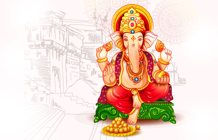 ガネーシャ神と皿に山積みに盛られたモーダカ