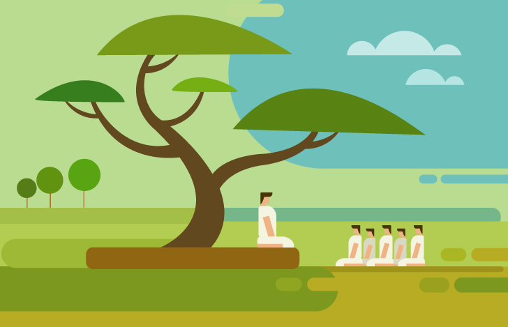 木の下に座るグルの話を聞く人々