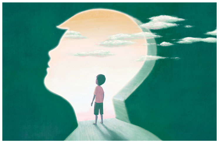 明るい未来を眺めるているような象徴的な少年のイラスト