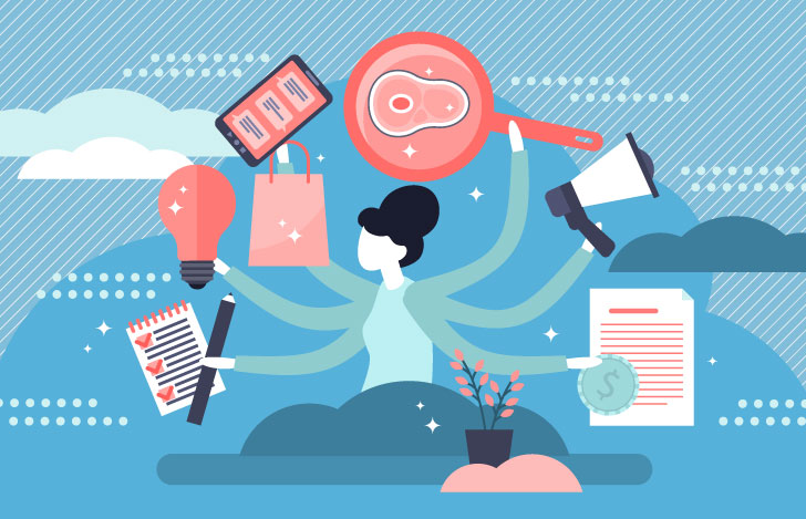 さまざまなタスクを扱う忙しさを表す人のイラスト