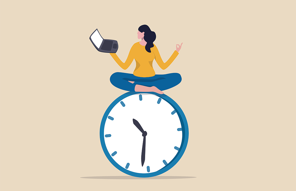 時計の上でヨガをする女性のイラスト