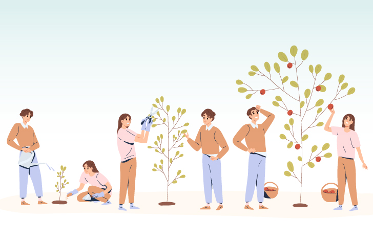 苗木から実がなるまで木を育てる男女のイラスト