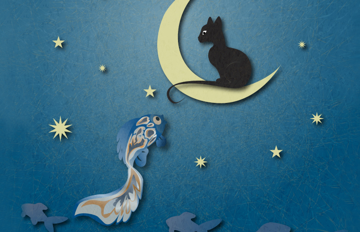 三日月に乗った猫とそれを見上げる魚