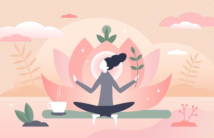 蓮の花を背景に安楽座で座る女性