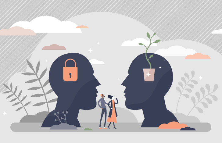 鍵のかかった頭と新しい芽を咲かせる頭を比較する二人の人