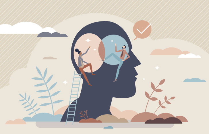 頭の中でコミュニケーションをはかる男女のイラスト