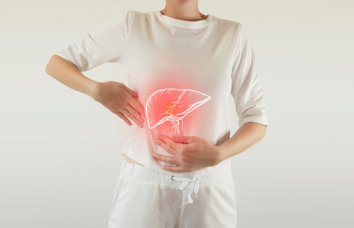 肝のイラストとお腹に手を当てる女性のダブルイメージ