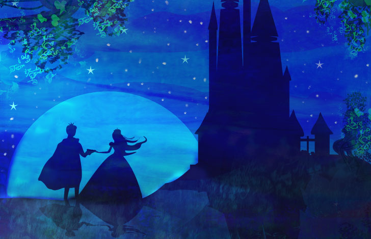 大きな満月と城と手を繋ぐ王子様とお姫様のシルエット