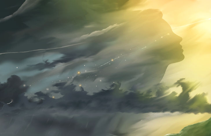 涙を流す少女の横顔と空からの光