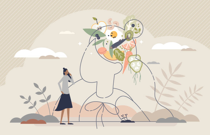 小さな女性と、いろいろなことを考える頭部のイメージ