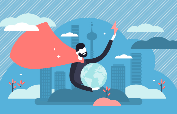 地球を抱え、マントを身につけた男性とビル街