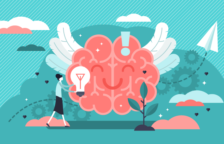 笑顔の表情が描かれた脳と女性