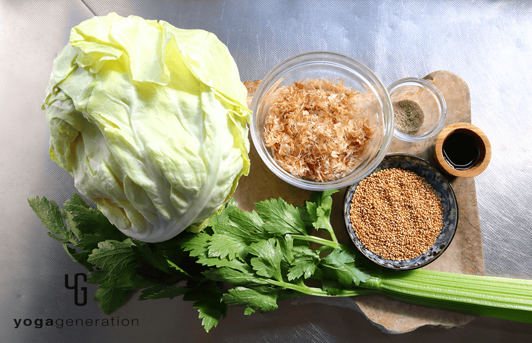 材料の春キャベツやセロリ、削り節など