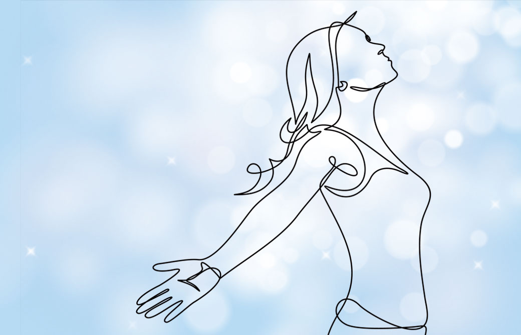 水色の背景 呼吸をする線描写の女性