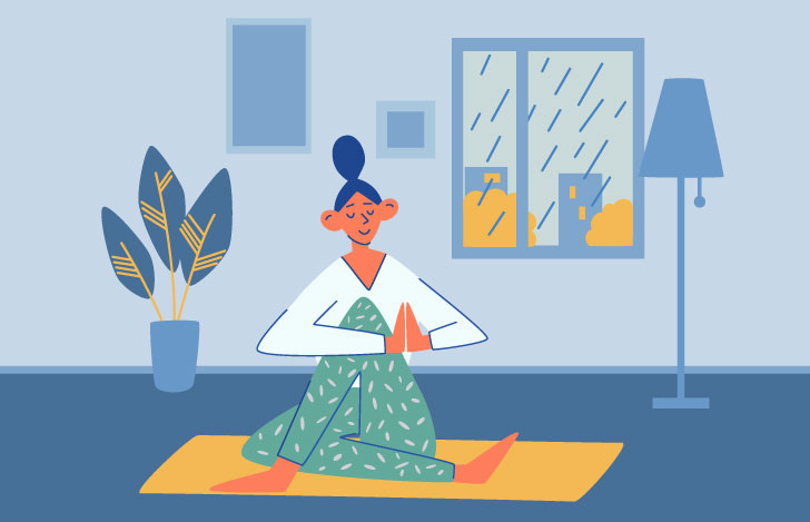外で雨が降る中、室内でヨガを行う女性のイラスト