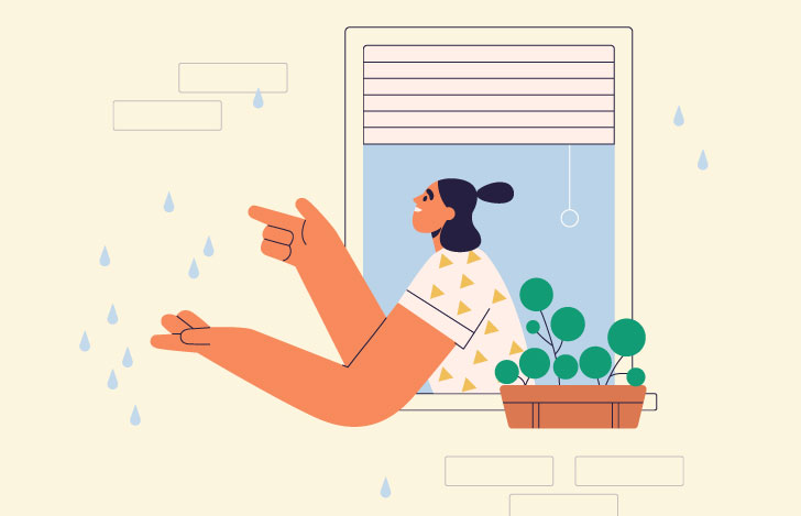 窓から身を乗り出して手で雨を受け止める笑顔の女性のイラスト