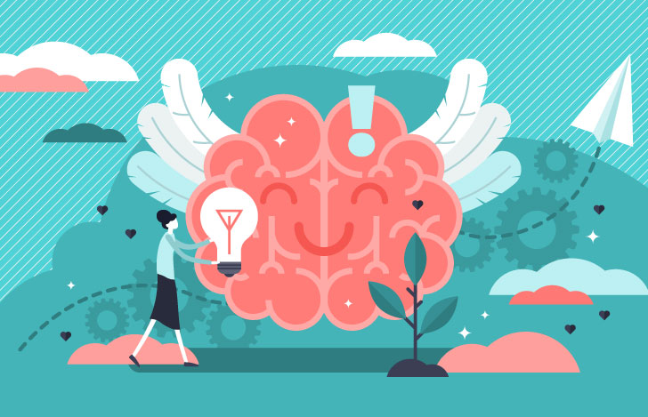 笑顔が描かれた脳みそとその横に立つ電球を持った女性のイラスト