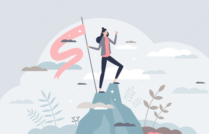 山の上で旗を持って立つ女性のイラスト