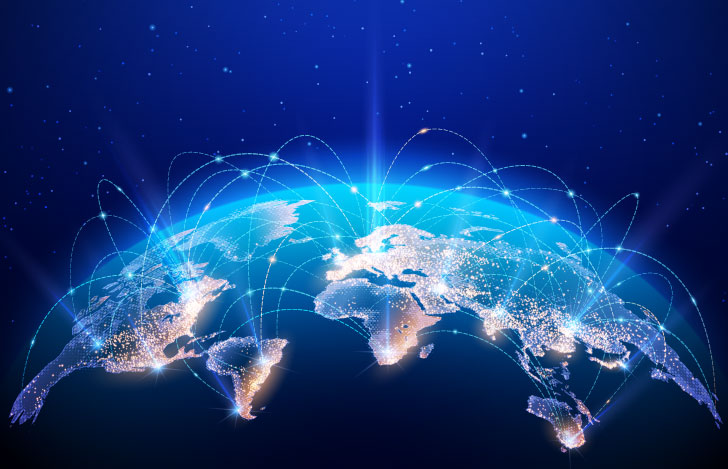 地球上を行き交う細い線のグラフィックと青白く光る光