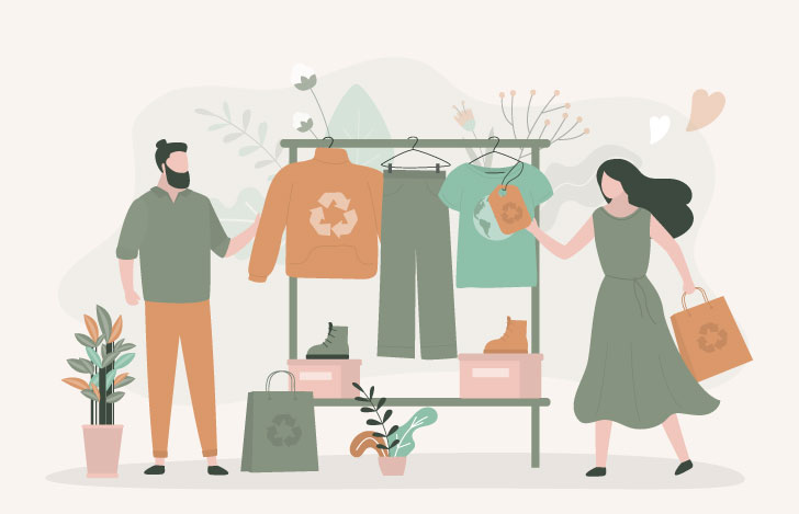 リサイクルマークのついた商品を手に取りショッピングする男女