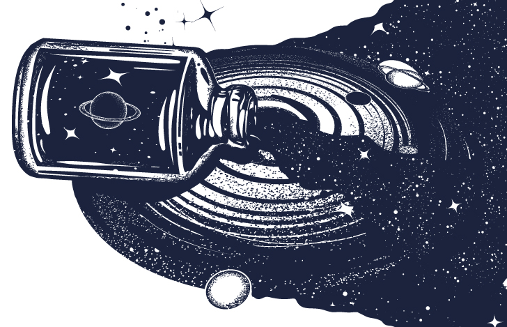 瓶の中から流れ出る宇宙を描いたイラスト