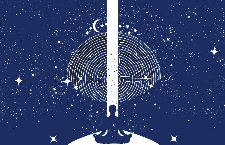 宇宙と安楽座で座る人のシルエットのイラスト