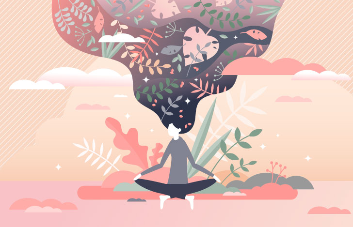 安楽座で座る女性の頭から広がるエネルギーを表現したイラスト