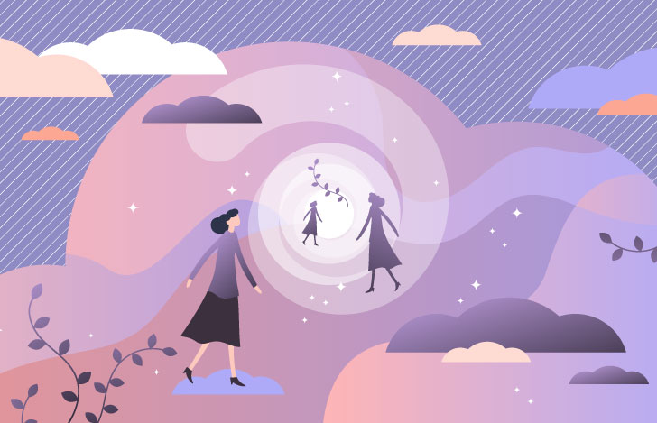 渦巻きに吸い込ませるように進む女性のイラスト