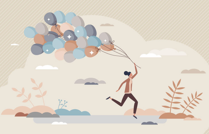 たくさんの風船を手に走る女性のイラスト