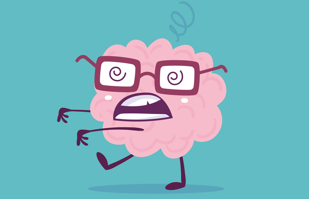 青い背景、脳がメガネをかけて、疲れている様子のイラスト