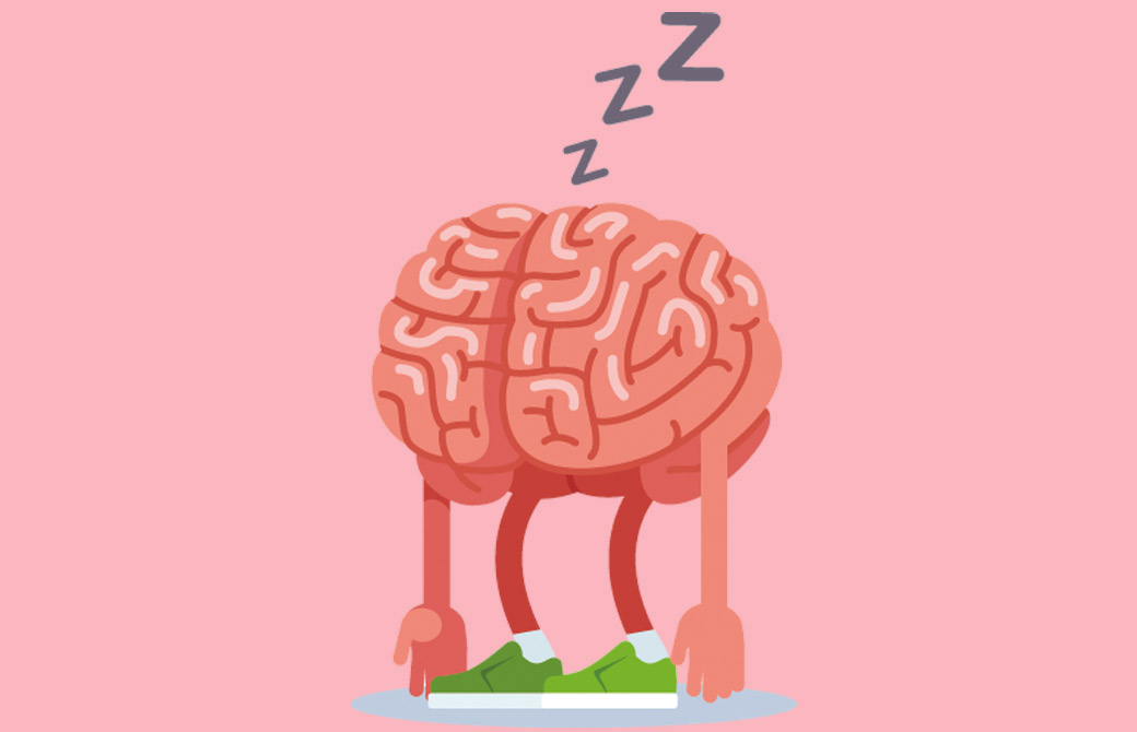 ピンクの背景。脳のイラストが休んでいる様子