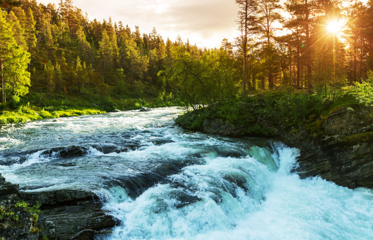 山間を流れる川の風景