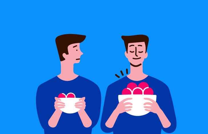 器に入った少ない果物に表情を曇らせる男性と器に入った多くの果物に満足そうな表情を浮かべる男性のイラスト