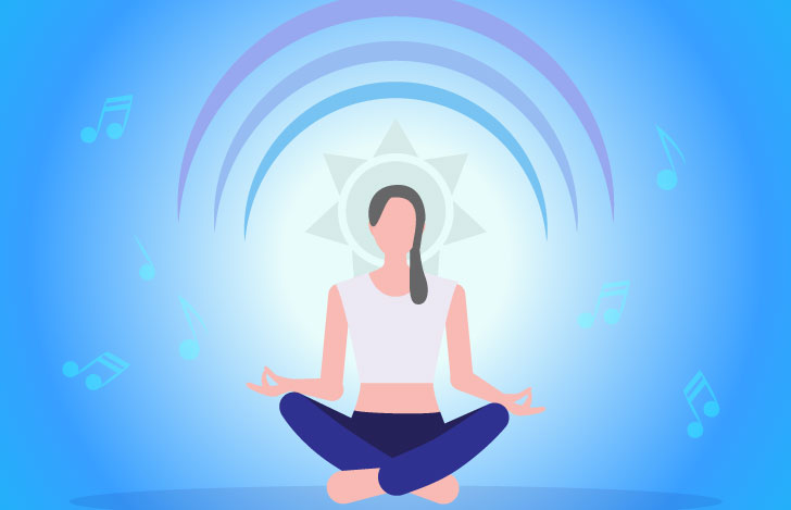 安楽座で座りながら音楽に耳を澄ませる女性のイラスト