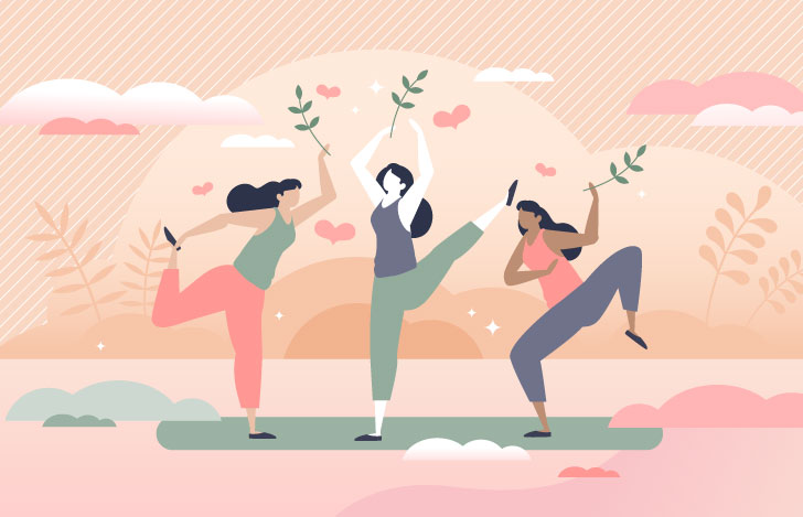 アクティブに体を動かす3人の女性のイラスト