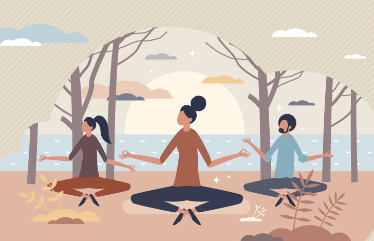 自然の中で胡座で座る3人の男女