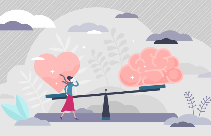 シーソーに乗せられた心を表すハートと脳のイラストと一人の女性