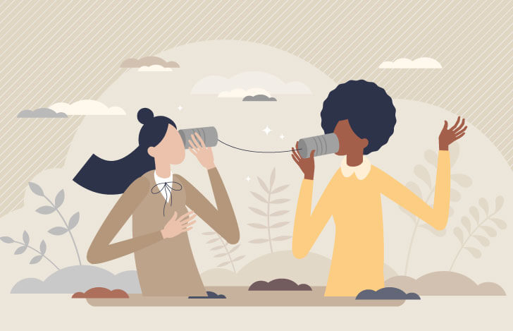 糸電話で話す人たちのイラスト