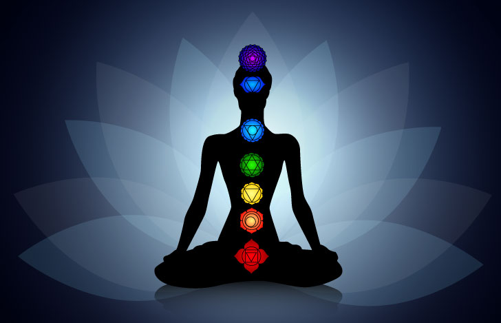 蓮華座で座る人のシルエットとチャクラと蓮の花を表すイラスト