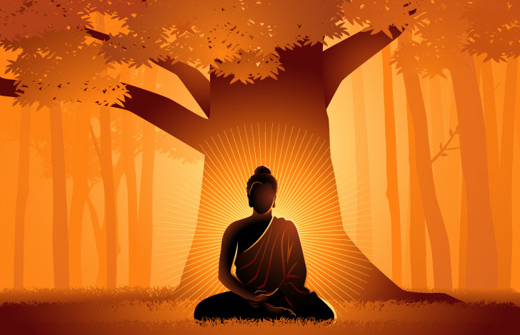 大樹のもとで悟りを開くブッダのシルエット