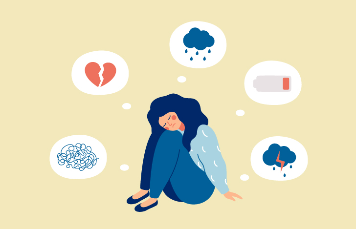 さまざまな悩みを抱えうずくまる女性のイラスト