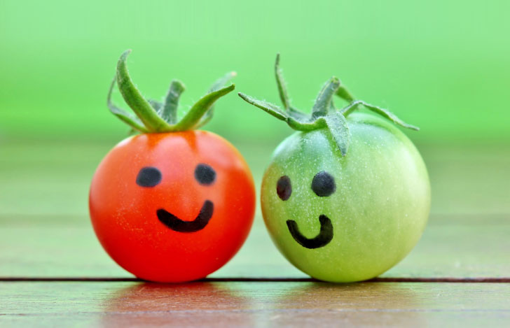 にっこり笑顔が描かれた赤いトマトと緑のトマト