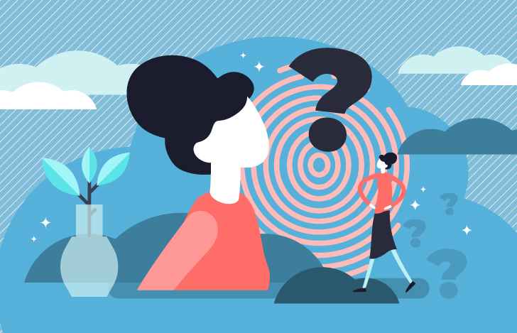 自分自身について考えを巡らせる女性のイラスト