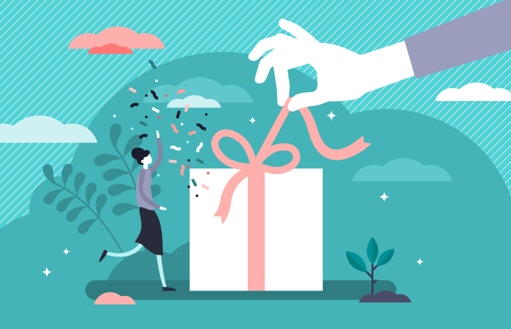 ギフトボックスのリボンを解こうとする手と喜ぶ女性のイラスト