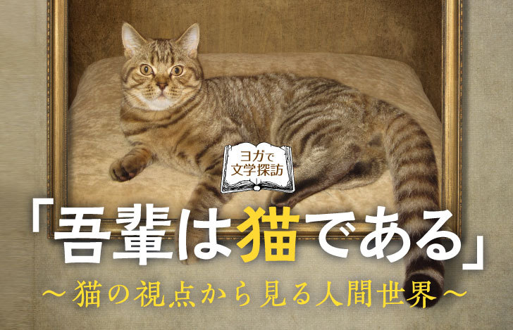 吾輩は猫であるタイトルと横たわった茶色の猫の写真